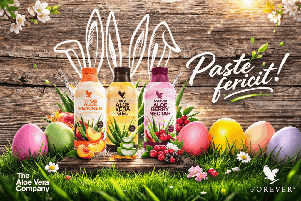 Imagine Hero de Paște cu produsele Forever Aloe Peaches, Forever Aloe Vera Gel și Forever Aloe Berry Nectar, așezate pe iarbă verde, alături de ouă colorate, flori de primăvară și mesajul „Paște fericit!”.